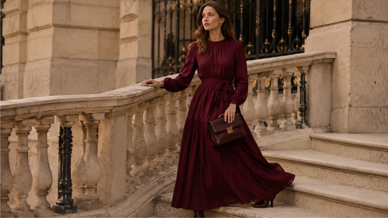 Mujer con vestido largo borgoña de caída fluida, look completo de otoño.