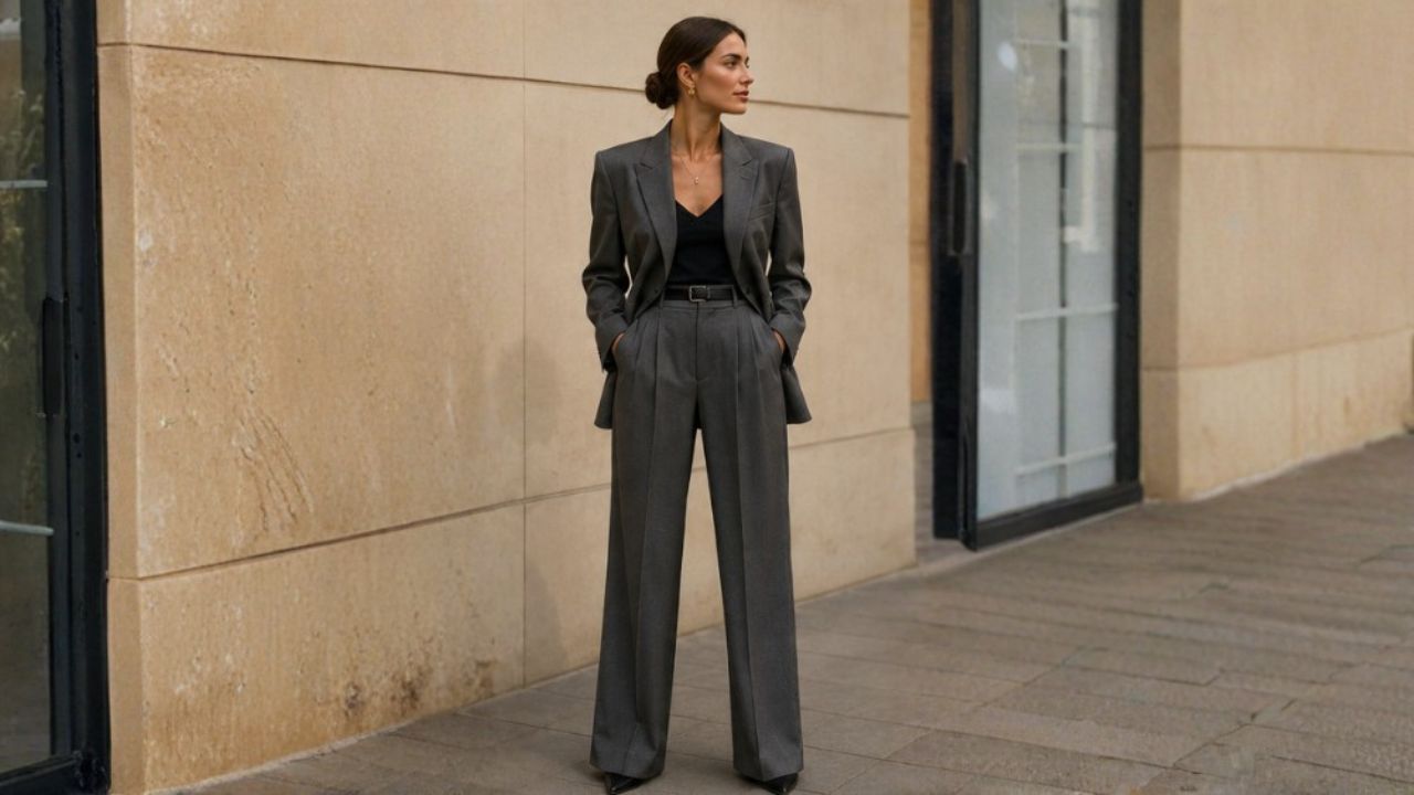 Mujer con traje de sastrería gris carbón, blazer estructurado y pantalón amplio, look completo de otoño.