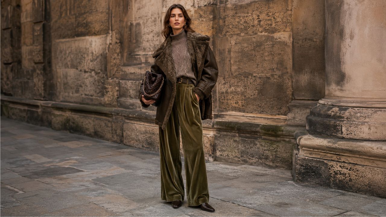 Mujer con chaqueta marrón, punto gris y pantalón verde oliva aterciopelado, look completo de otoño con mezcla de texturas.