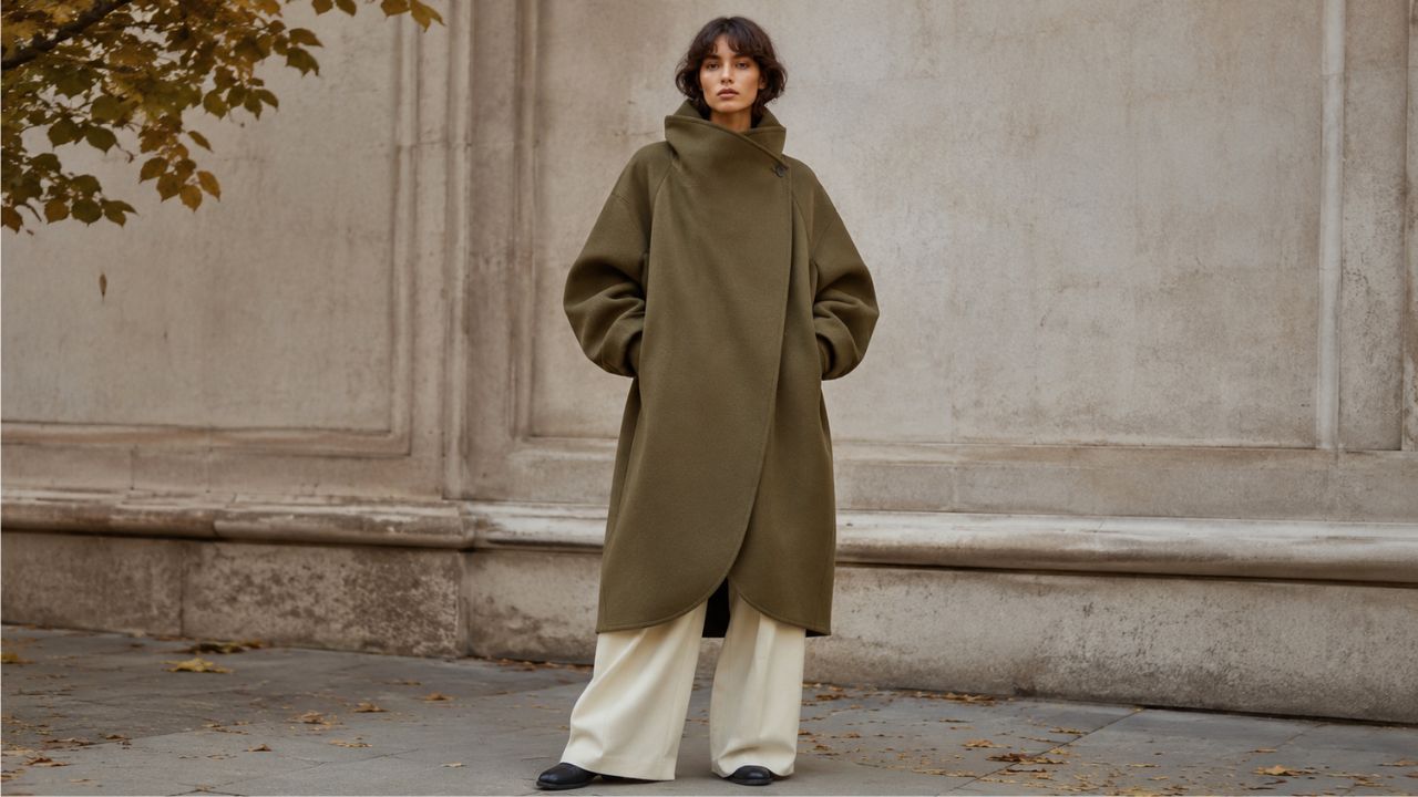 Mujer con abrigo amplio verde oliva y pantalón crema, look completo de otoño con volumen controlado.